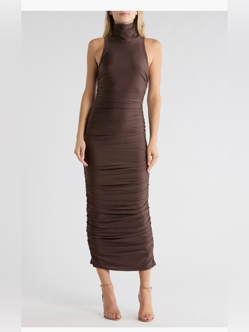 AFRM Brown Sleeveless Ruched Turtleneck Midi Dress